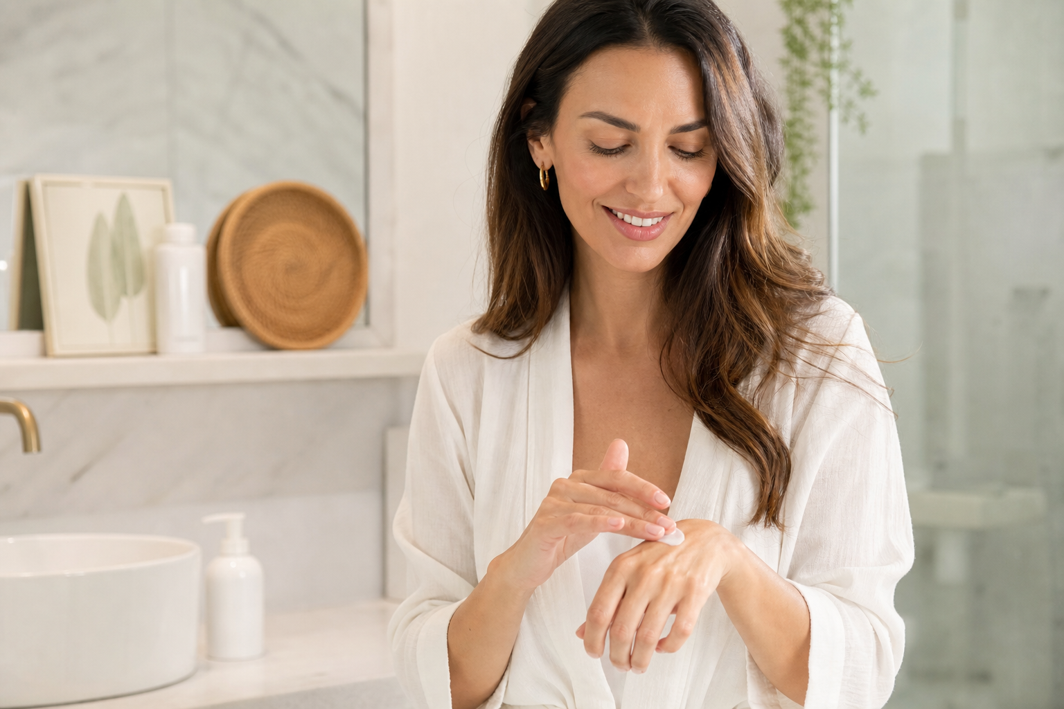 Mujer aplicando crema hidratante en las manos