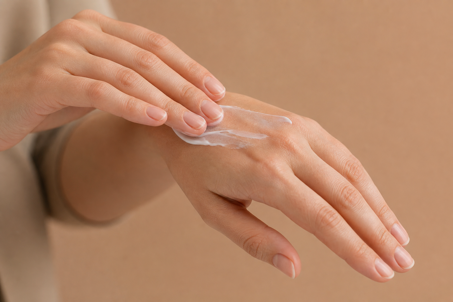 Aplicación de crema entre las palmas de las manos